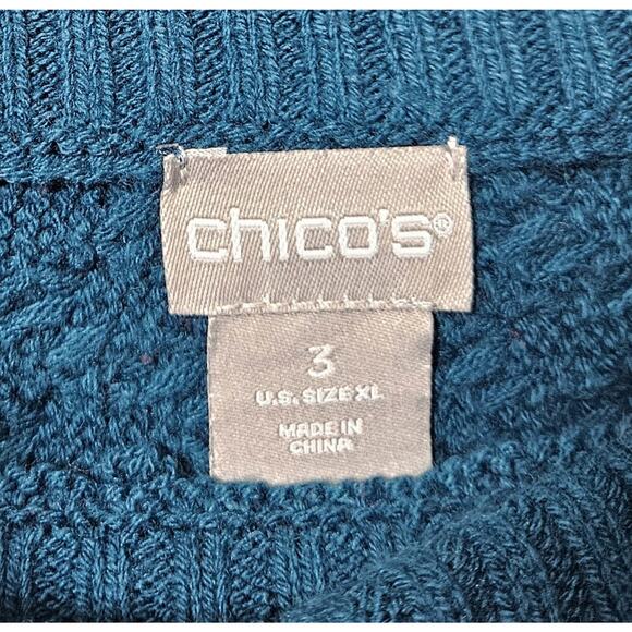 CHICO'S 3 Women XL Sweater Dark Turquoise Cowl Neck Chunky Knit Cotton Blend 48 - Picture 3 of 8